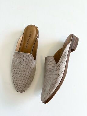 Lucky Brand Coryna gray suede perforated leather slip on mules Size 6.5 Bohemian